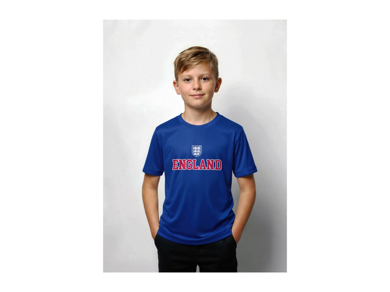 Young boy wearing a blue England football shirt with hands in pockets.