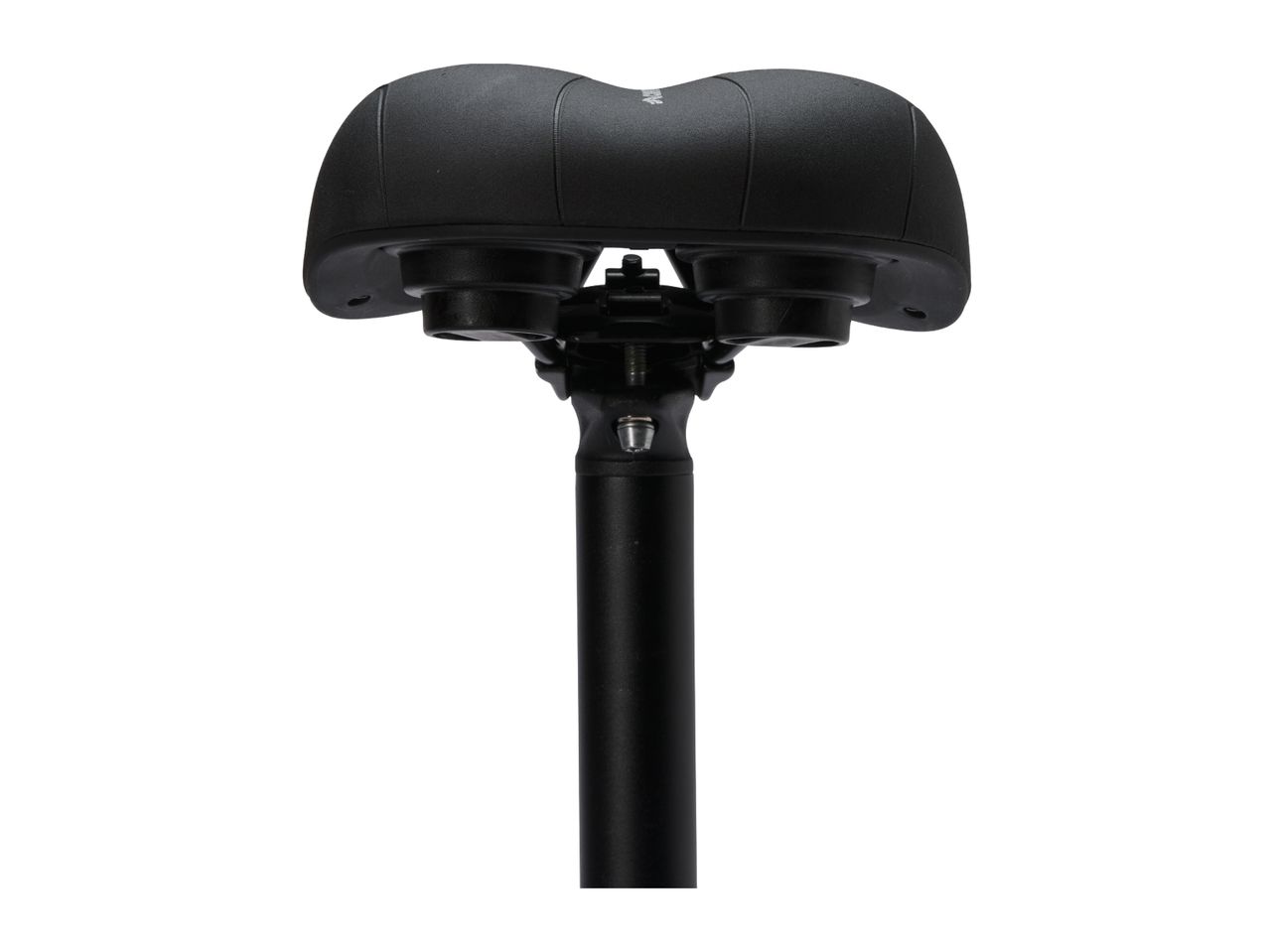 Black bicycle saddle with a wide, ergonomic design mounted on a seat post.