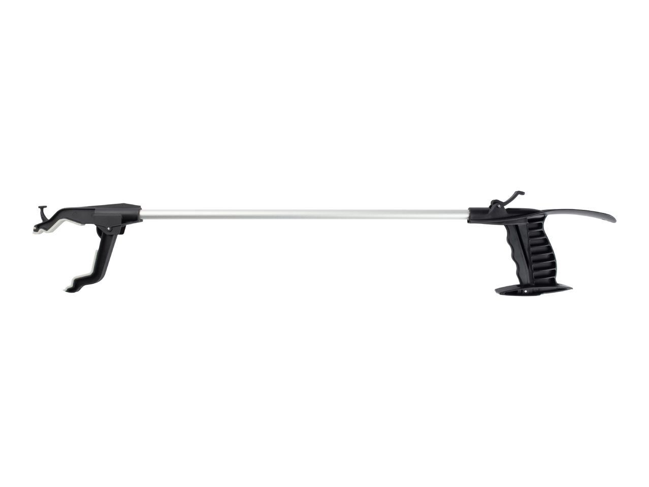 Black and silver reacher grabber tool with a trigger handle and claw end.