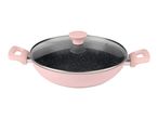 Pink wok pan with a speckled black non-stick interior and a glass lid with a pink knob