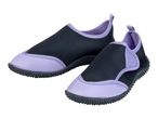 Pair of black and purple water shoes with textured soles, angled on a white background.