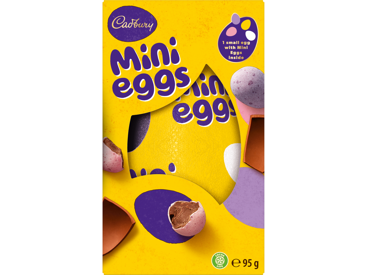 Cadbury Mini Eggs Easter egg with a cutout revealing mini eggs inside, 95g.