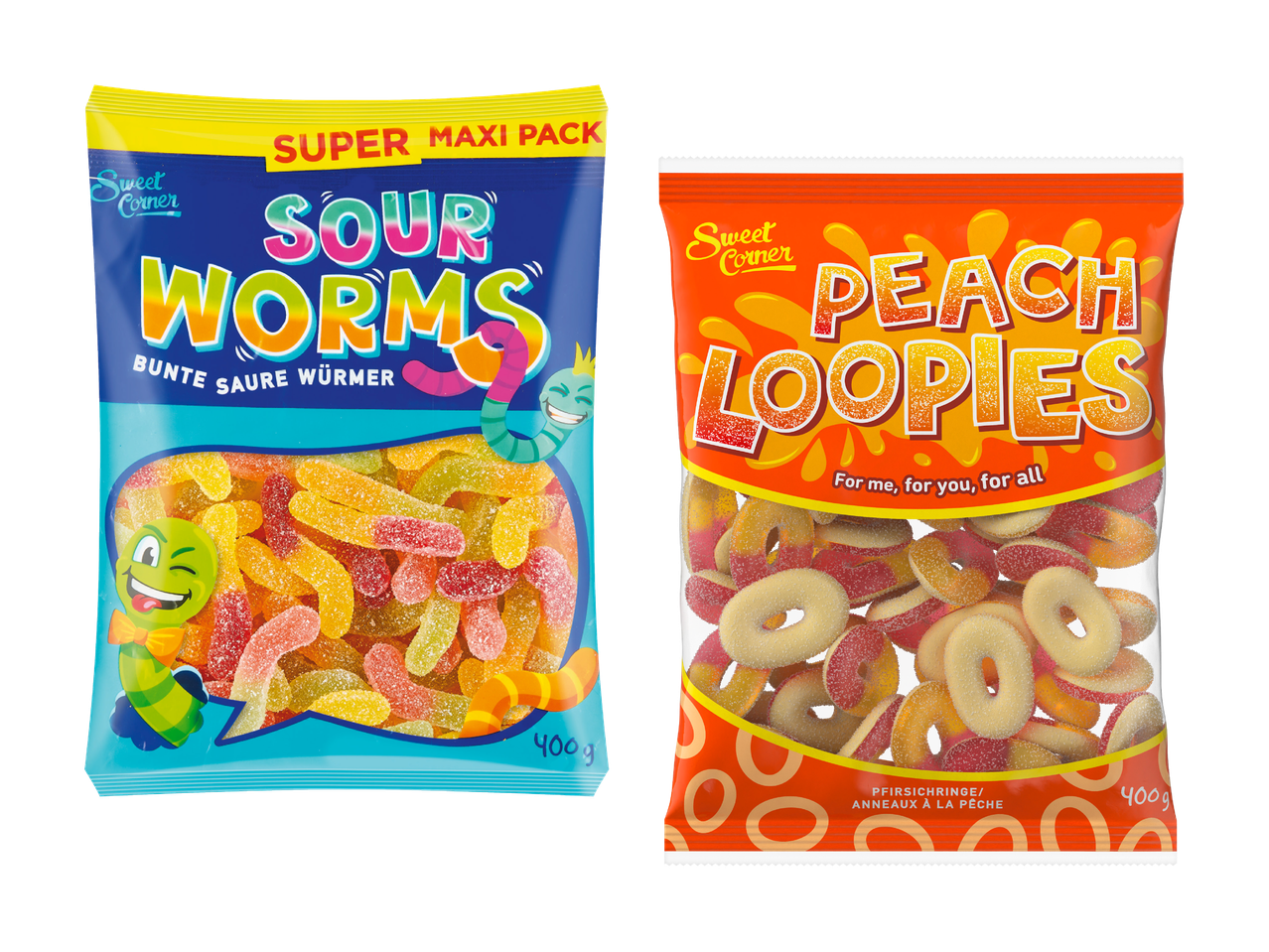 Deux sachets de bonbons gélifiés : vers acidulés et anneaux à la pêche.
