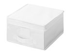 A white fabric storage box with a lid, handle, and label holder on the front.