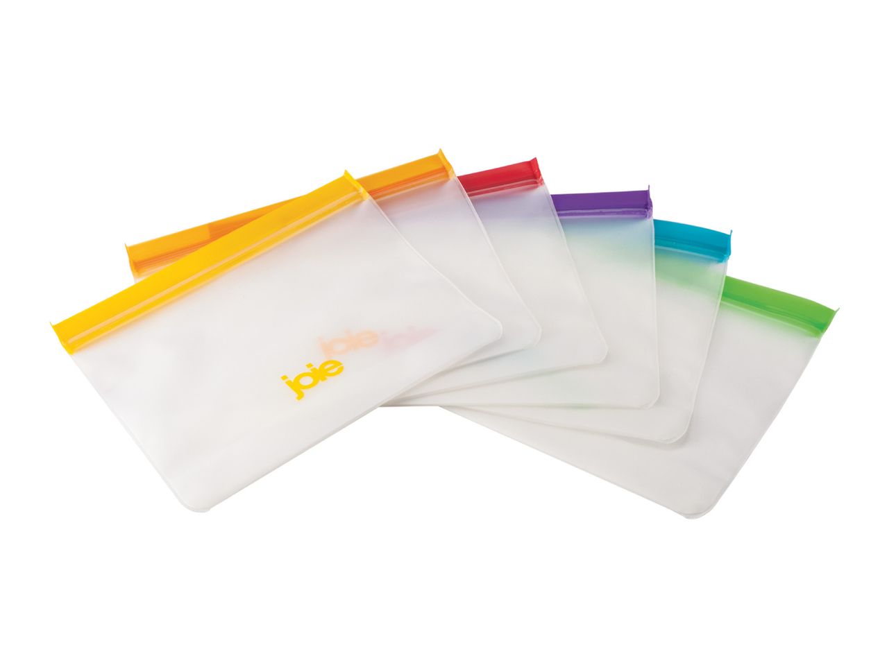Set of six reusable food storage bags with colorful zip-top closures, fanned out.