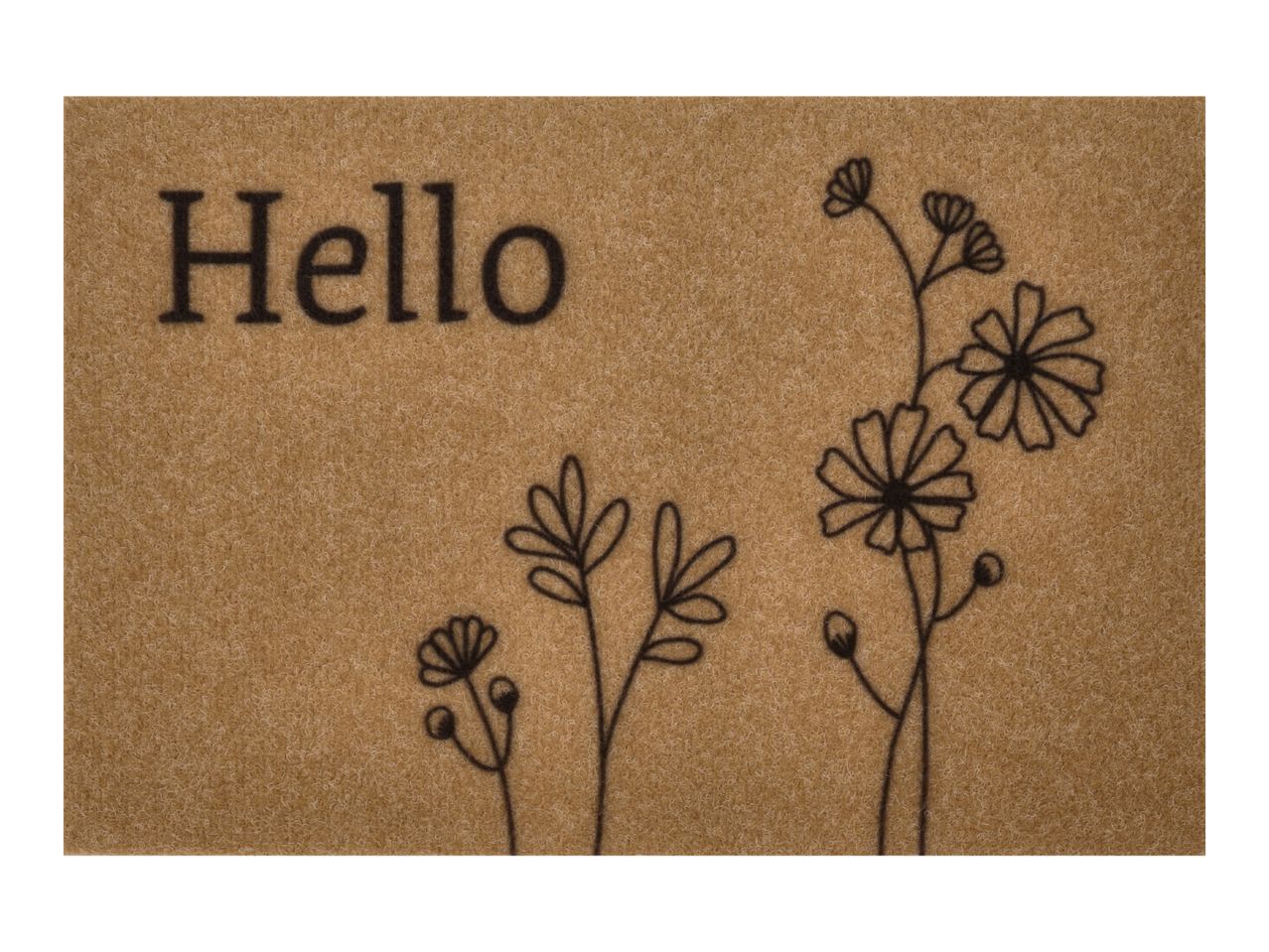 Brown doormat with 'Hello' text and black floral illustrations.