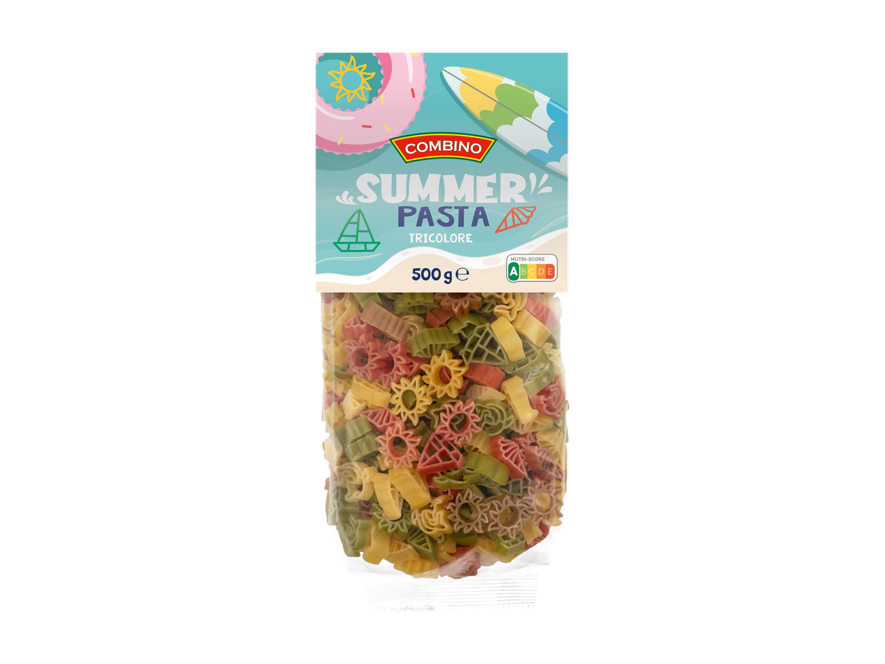 Tricolore zomerpasta in leuke vormen zoals zonnen, bootjes en schelpen, 500g.