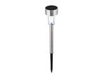 Stainless steel solar garden light with a black solar panel and a clear light housing.