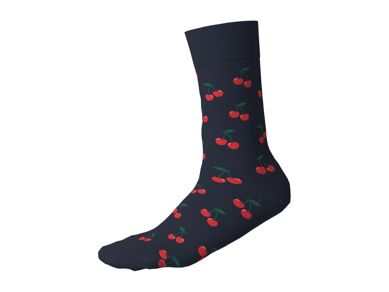 Dark blue sock with a red cherry pattern