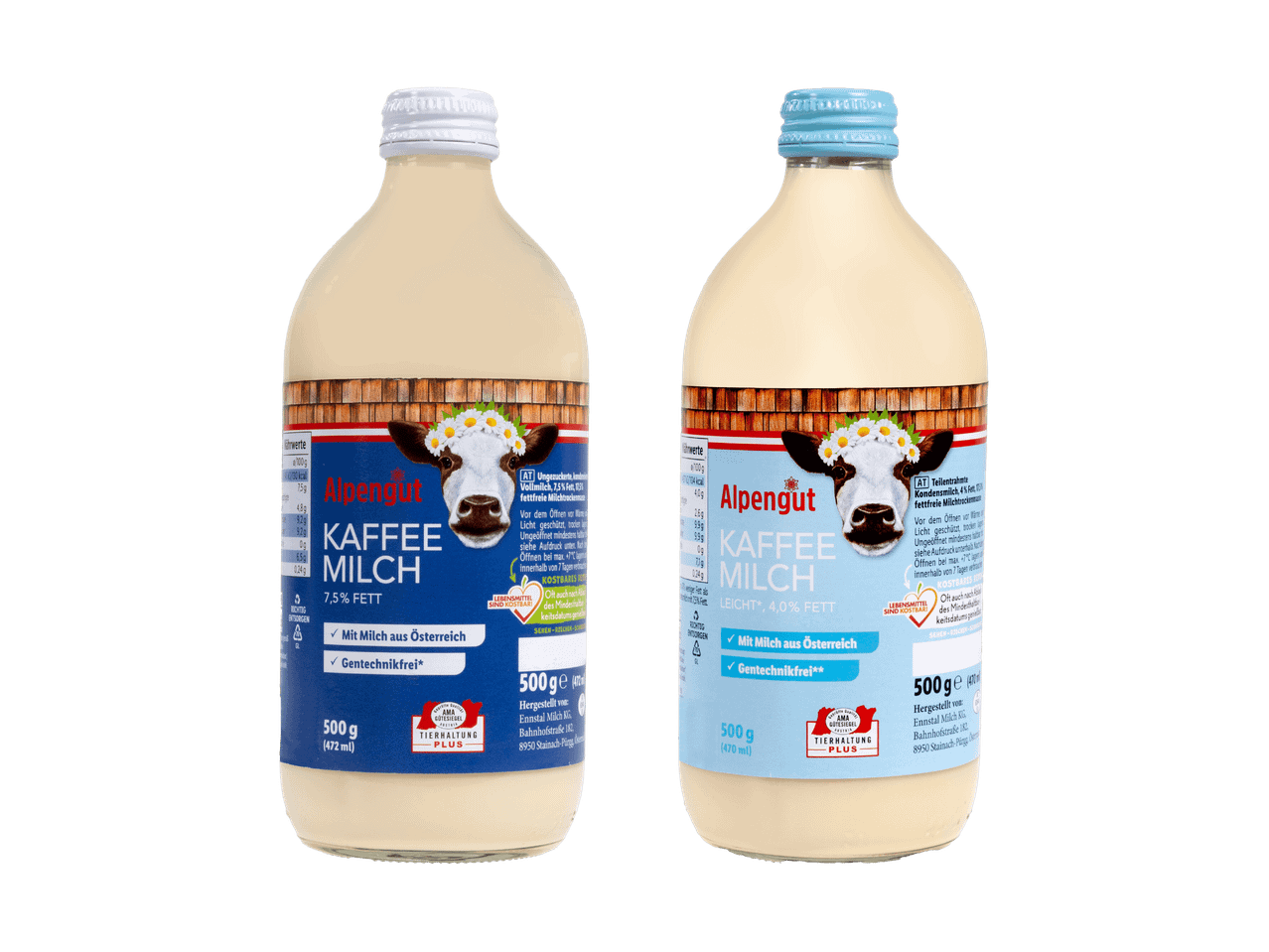 Zwei Flaschen Alpengut Kaffeemilch, eine mit 7,5% Fett und eine mit 4,0% Fett.
