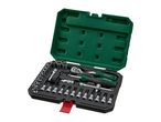 A green and black tool kit with various sockets, screwdriver bits, and wrenches.