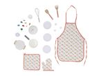 A children's play kitchen set with an apron, oven mitt, pot holder, pots, pans, plates, utensils, and toy food.