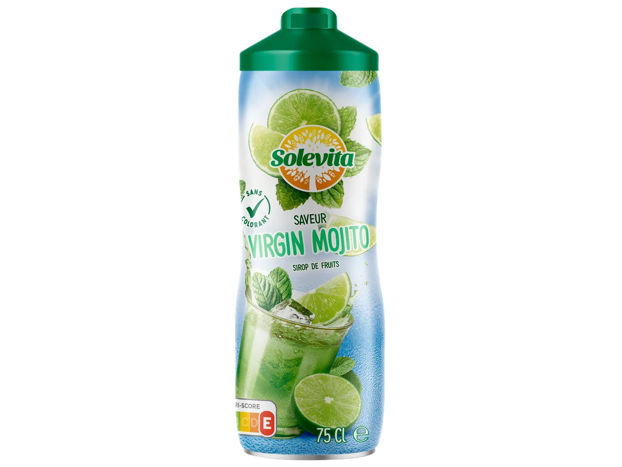 Bouteille de sirop saveur mojito vierge avec des citrons verts et de la menthe.