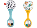 Fisher-Price baby rattles with soft patterned tops and colorful beads inside.