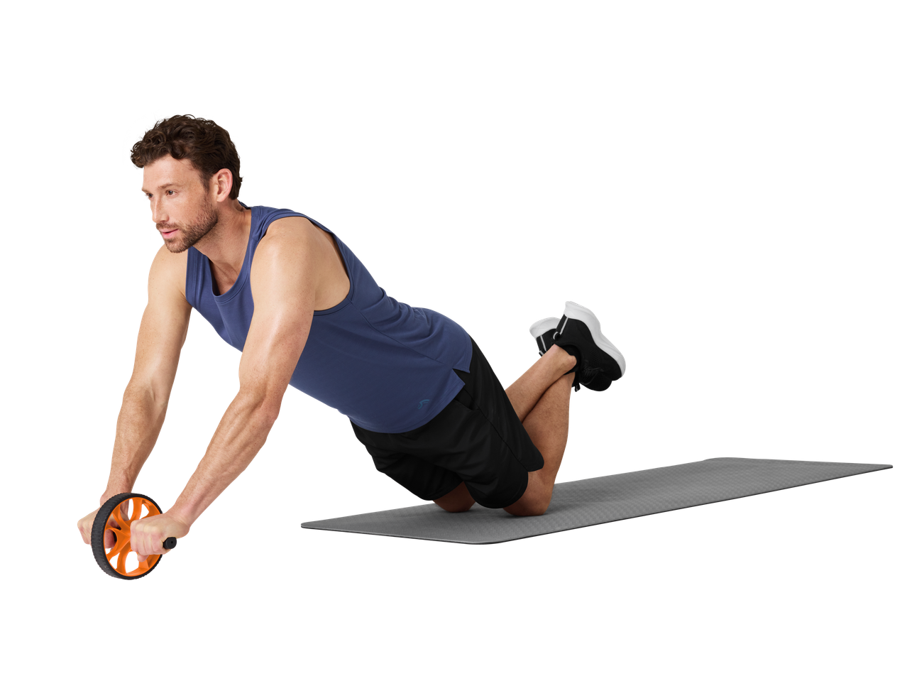 Man on an exercise mat uses an ab wheel.
