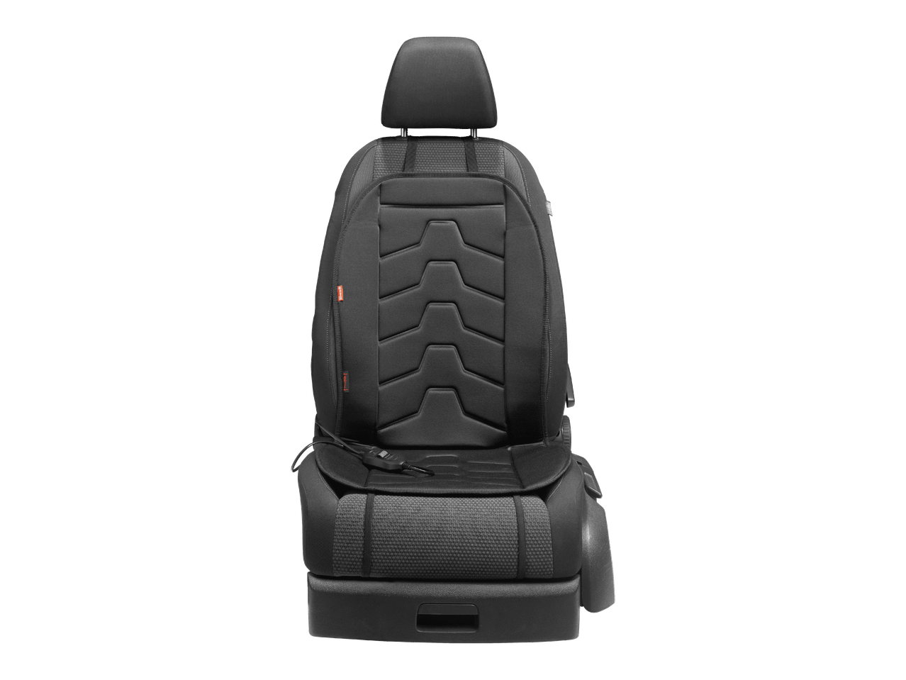 Musta auton istuinsuoja, jossa on kuvioitu selkänoja ja istuinosa.