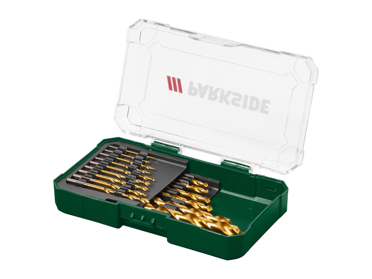 PARKSIDE drill bit set in a green and clear plastic case
