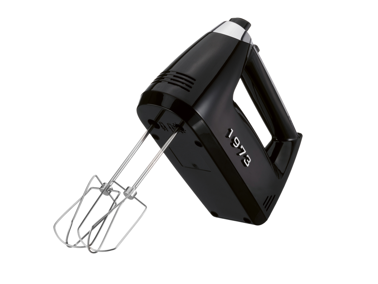 Black SILVERCREST® hand mixer with beaters attached, angled on a black background.