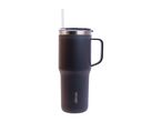 A black stainless steel travel mug with a handle and straw.