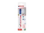 Blue permanent marker in blister packaging, highlighting its multi-surface and permanent features.