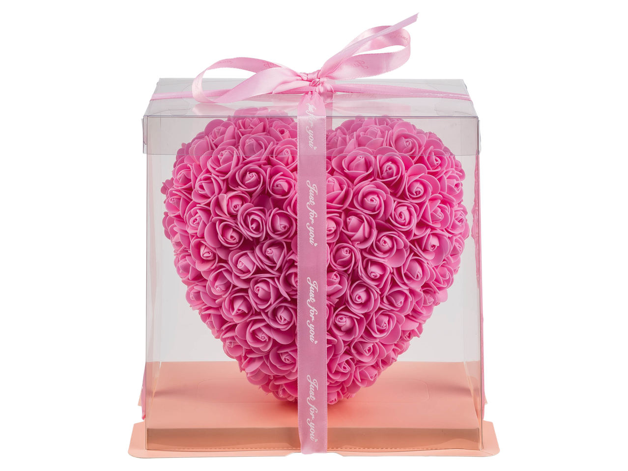 Pink heart-shaped rose arrangement in a clear gift box with a 'Just for you' ribbon.