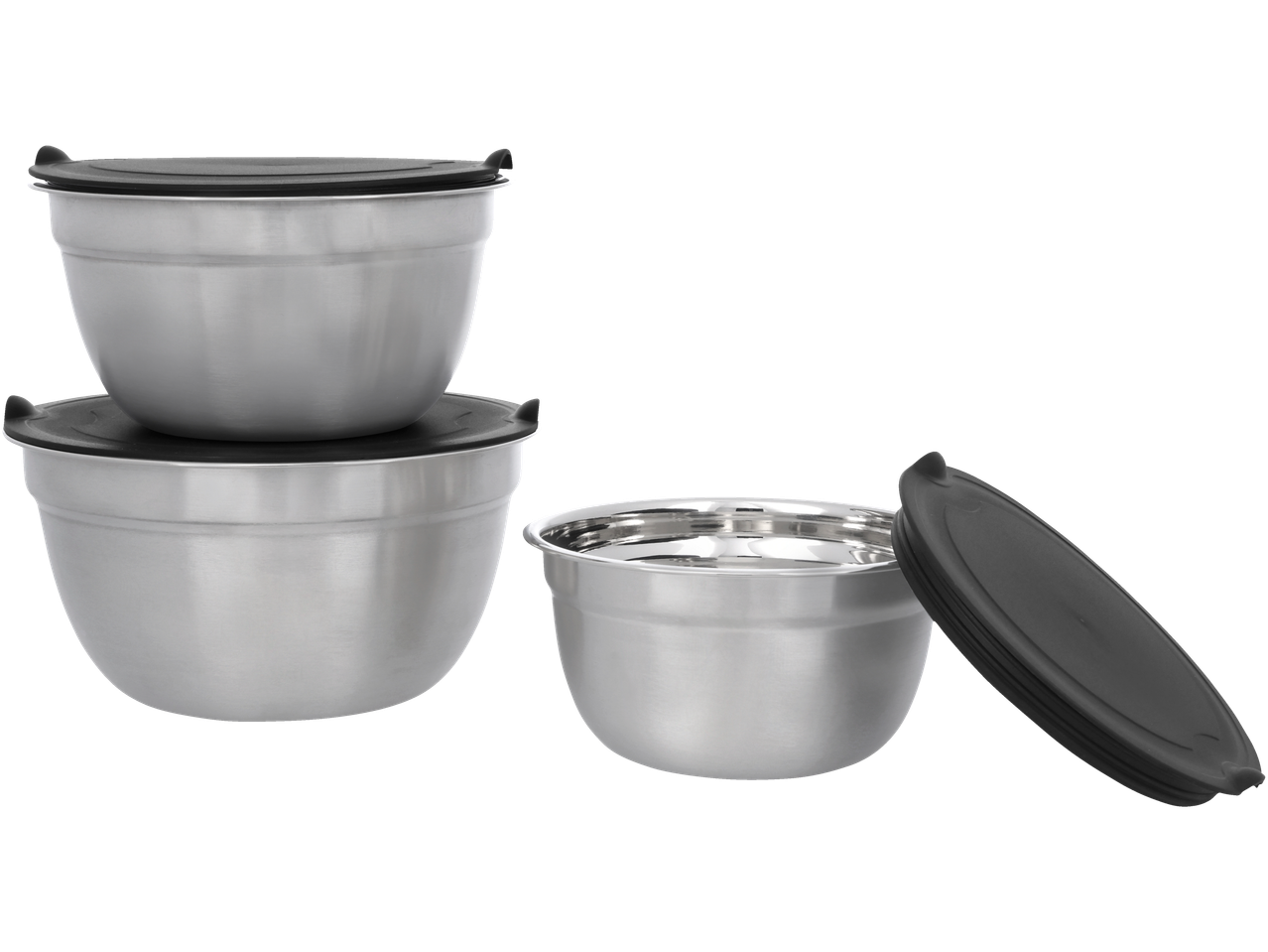 Three stainless steel mixing bowls with black lids, two stacked and one open.