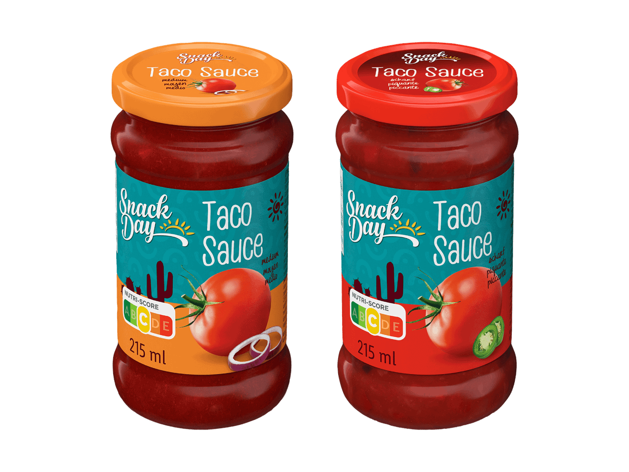 Deux pots de sauce taco, un moyen et un épicé, avec des étiquettes sur le thème du désert.