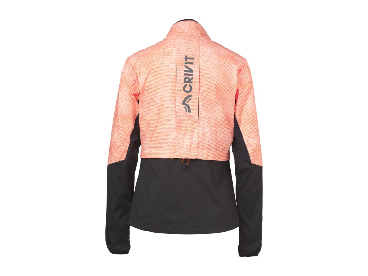Back view of a women's running jacket in coral with black sleeves and lower panel