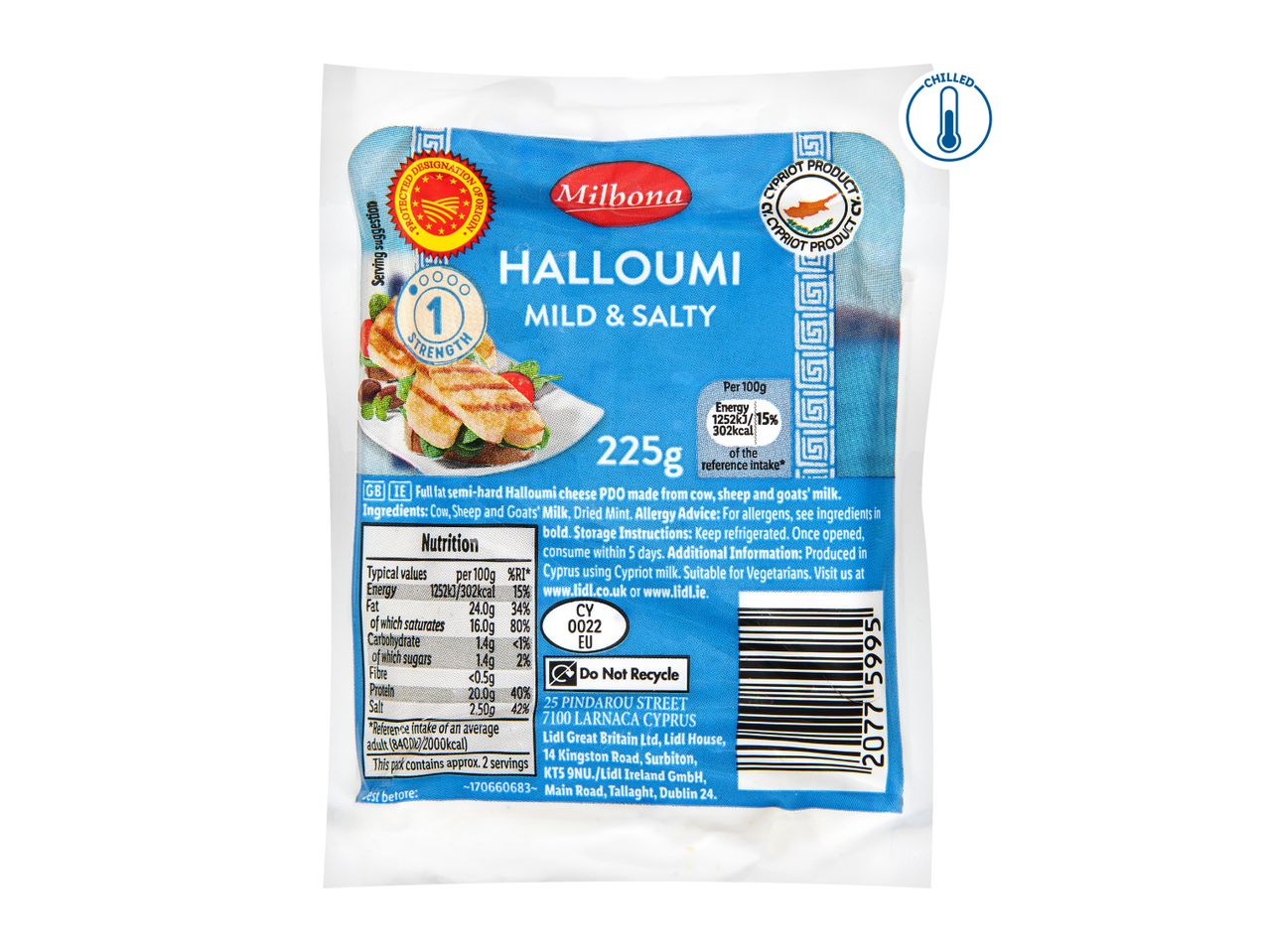 Pack of Halloumi cheese, mild and salty, with a serving suggestion of grilled halloumi.