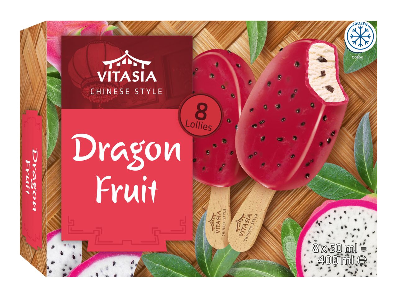 Dragon fruit ice lollies in a box, with 8 lollies, 400ml total, frozen.