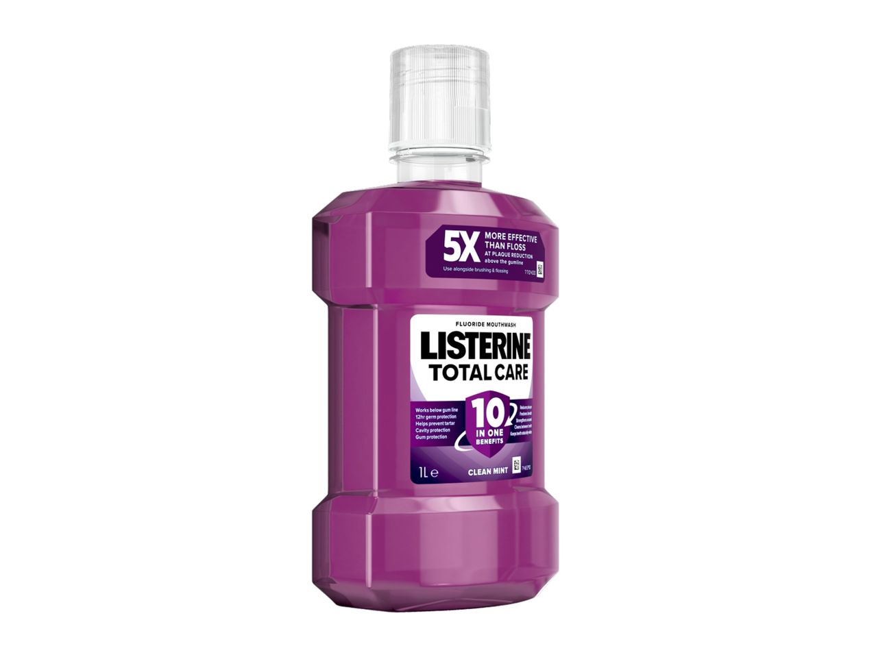 A bottle of Listerine Total Care Clean Mint mouthwash.