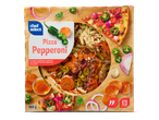 Verpakking voor pepperoni pizza met jalapeño en pikante olie, met bereidingsinstructies.