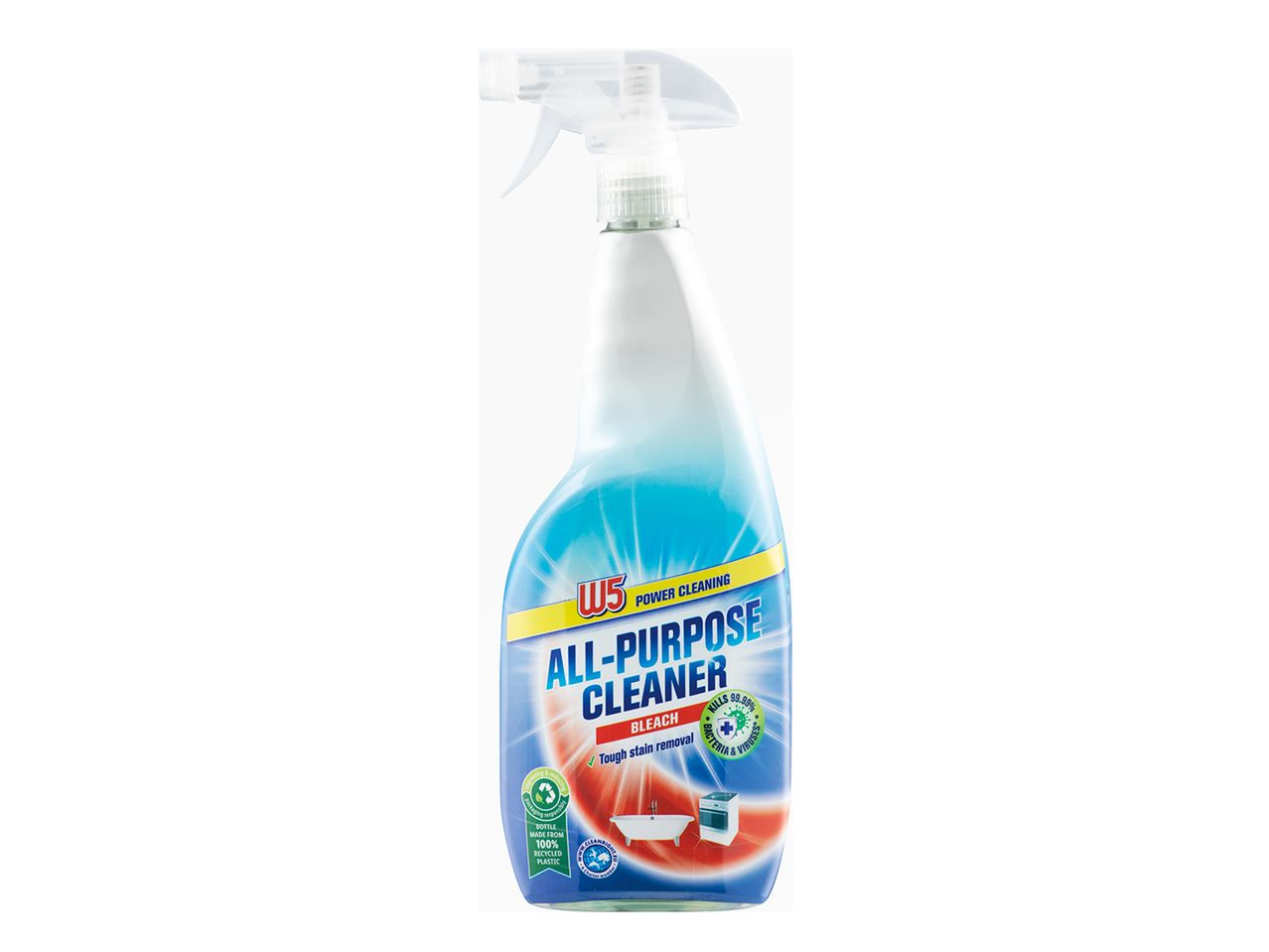 W5 All-Purpose Cleaner: spray bottle with bleach, tough stain removal.