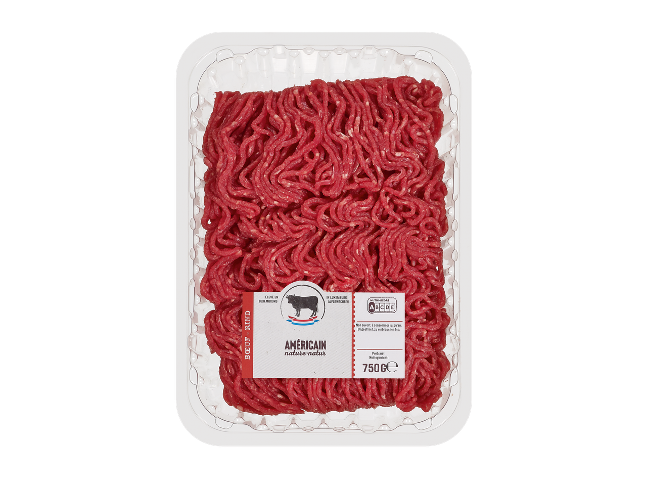 Barquette de viande hachée Américain nature, 750g, élevée au Luxembourg, avec Nutri-Score A.