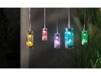 Girandola a energia solare a forma di mini bottiglie di vetro colorate appese.