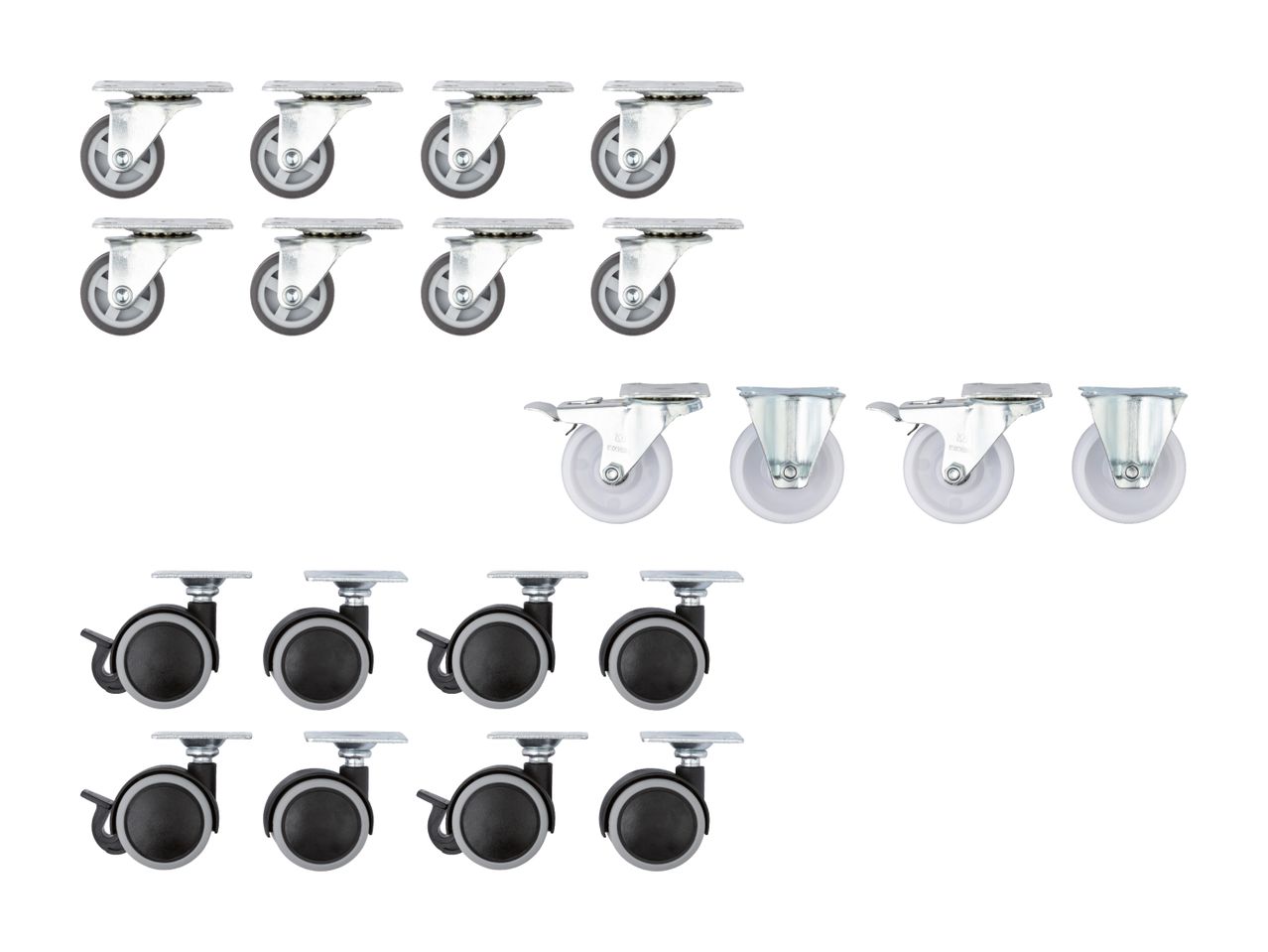 Möbelrollen: Set mit 12 Rollen in Schwarz und Silber.