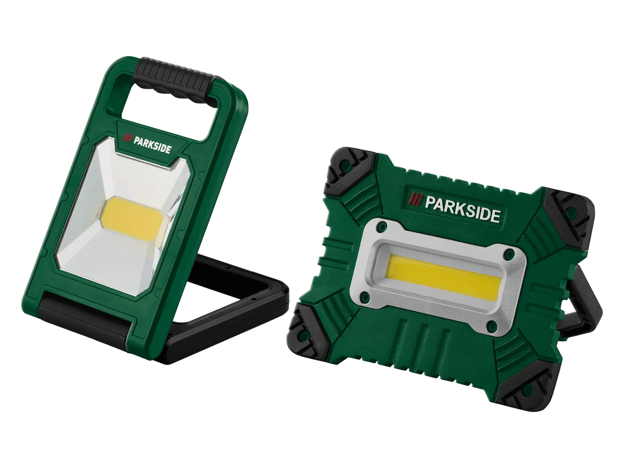 Dvije prijenosne LED svjetiljke za rad u zelenoj i crnoj boji.