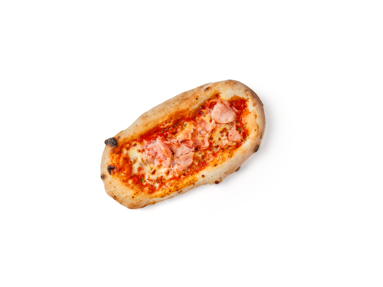 Eine leckere Pizza mit Schinken und Käse auf weißem Hintergrund.