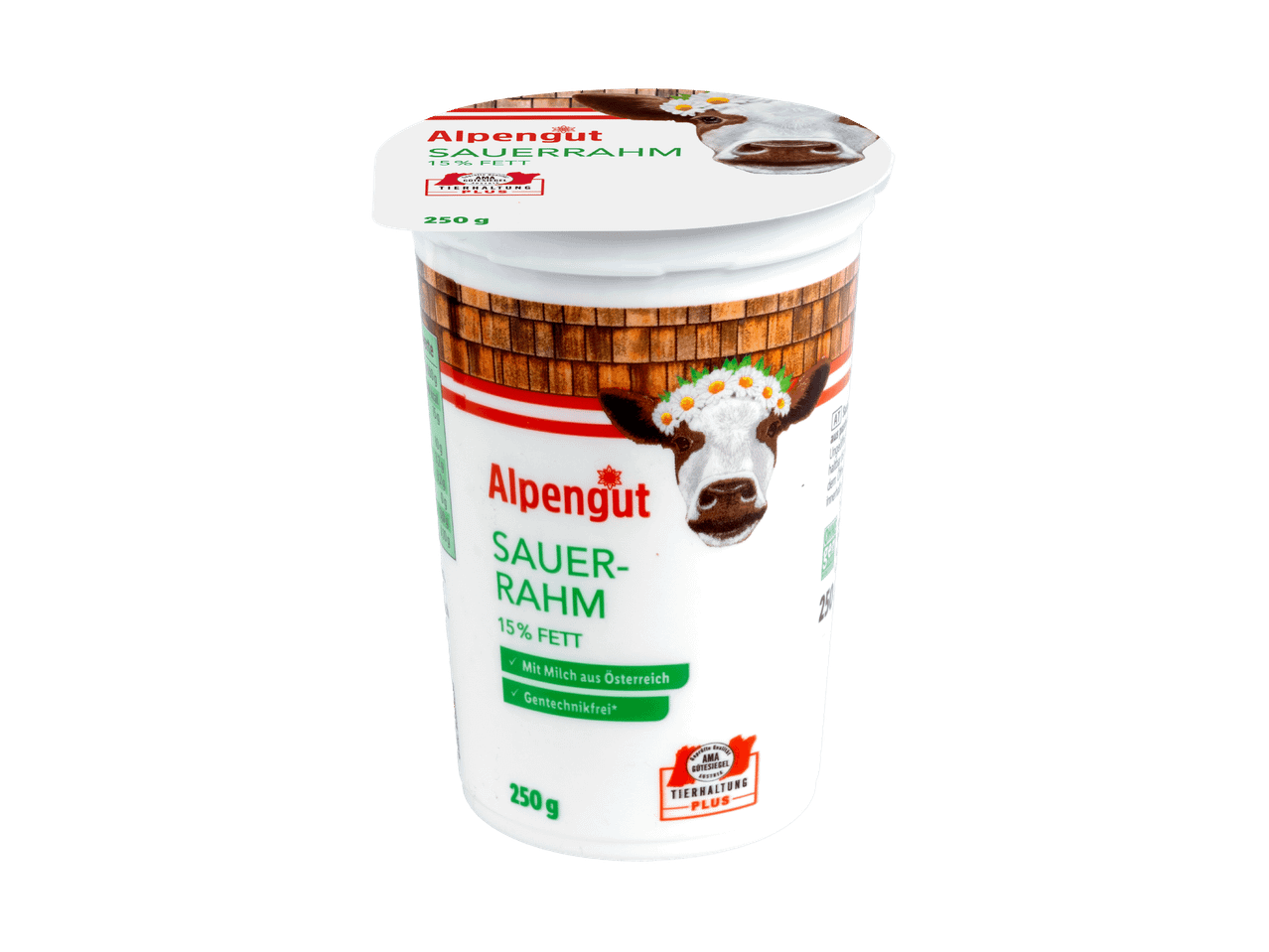 Alpengut Sauerrahm 15% Fett, 250g Becher mit Kuhmotiv und AMA Gütesiegel.
