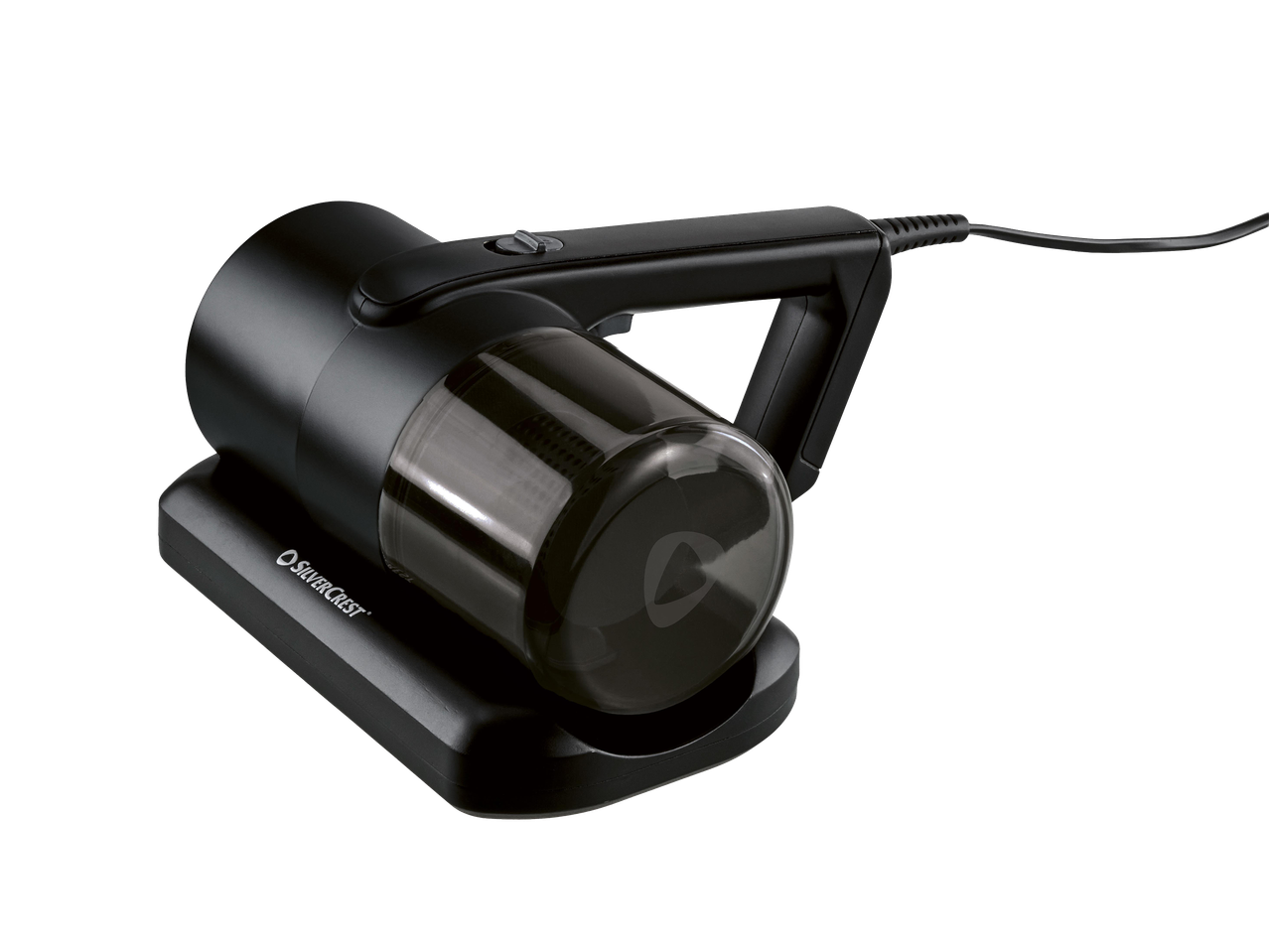 Fekete kézi porszívó töltőállomáson, fekete háttér előtt.