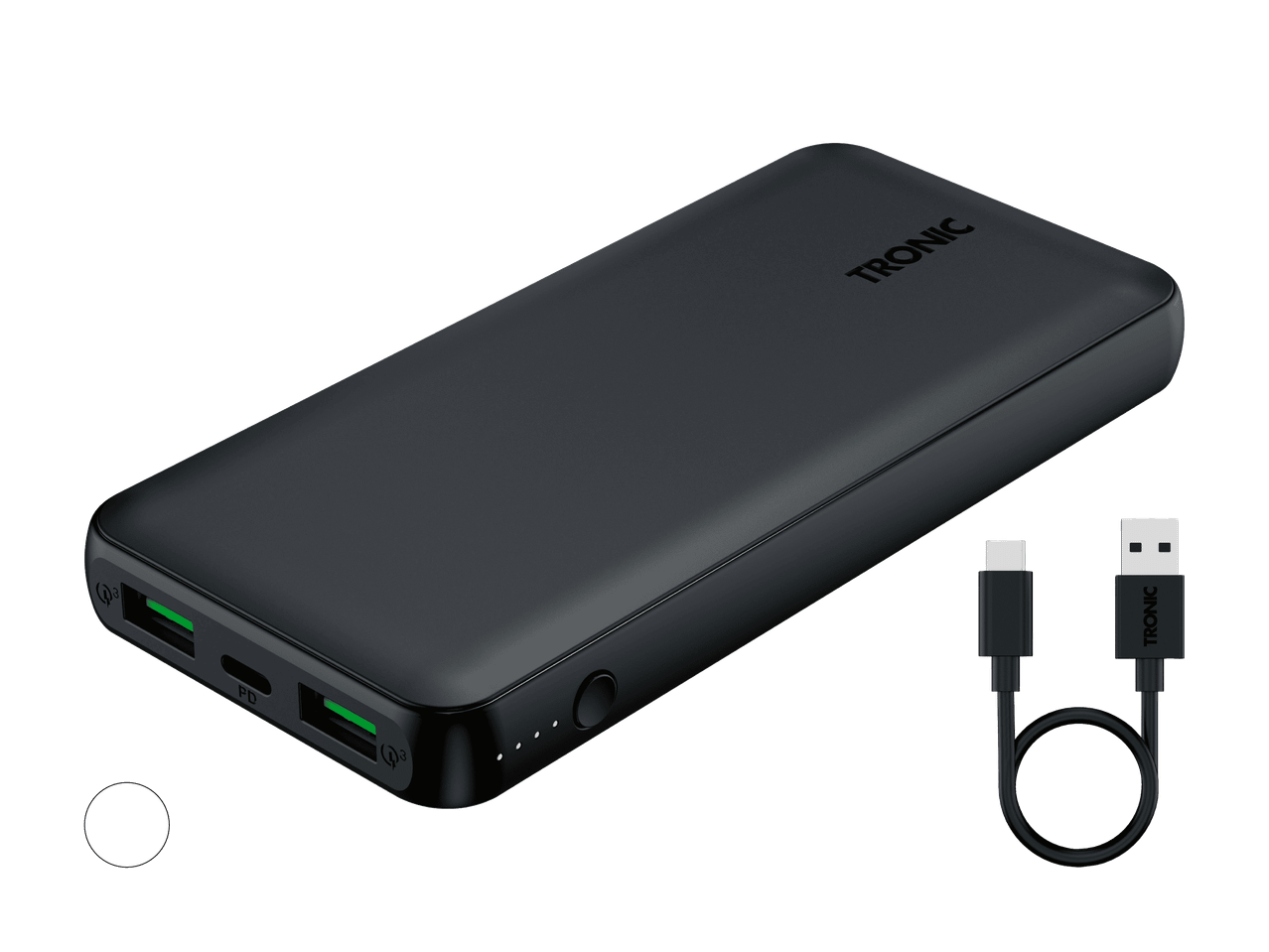 Deux batteries externes, une blanche et une noire, avec ports USB et indicateur de charge.