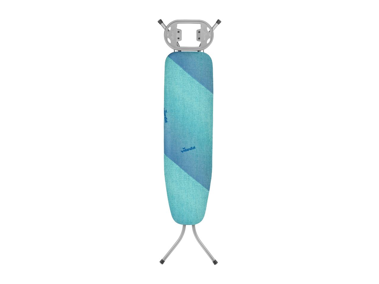 Vileda ironing board with a blue and turquoise patterned cover.