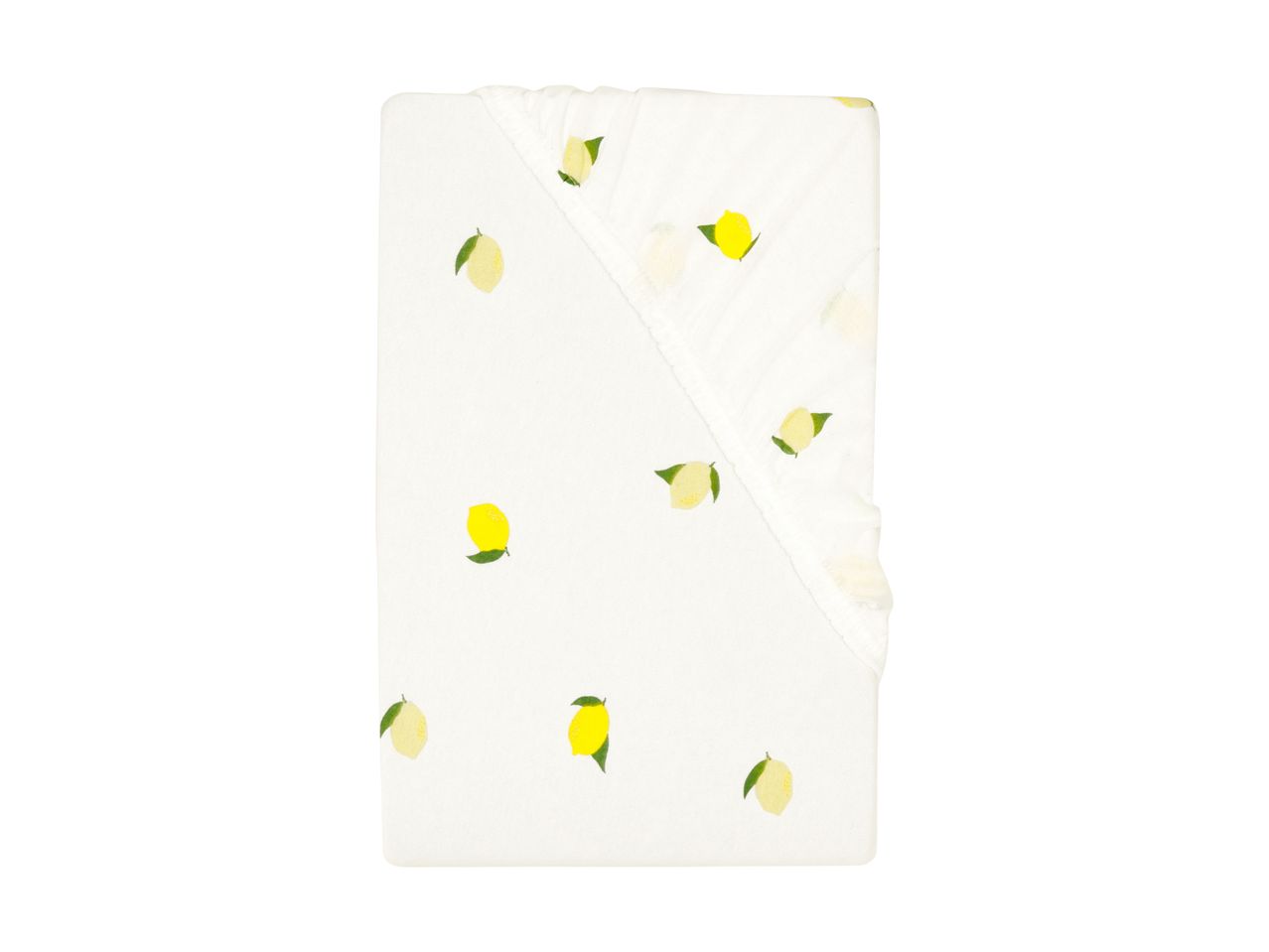 White fitted sheet with a lemon pattern, folded neatly.