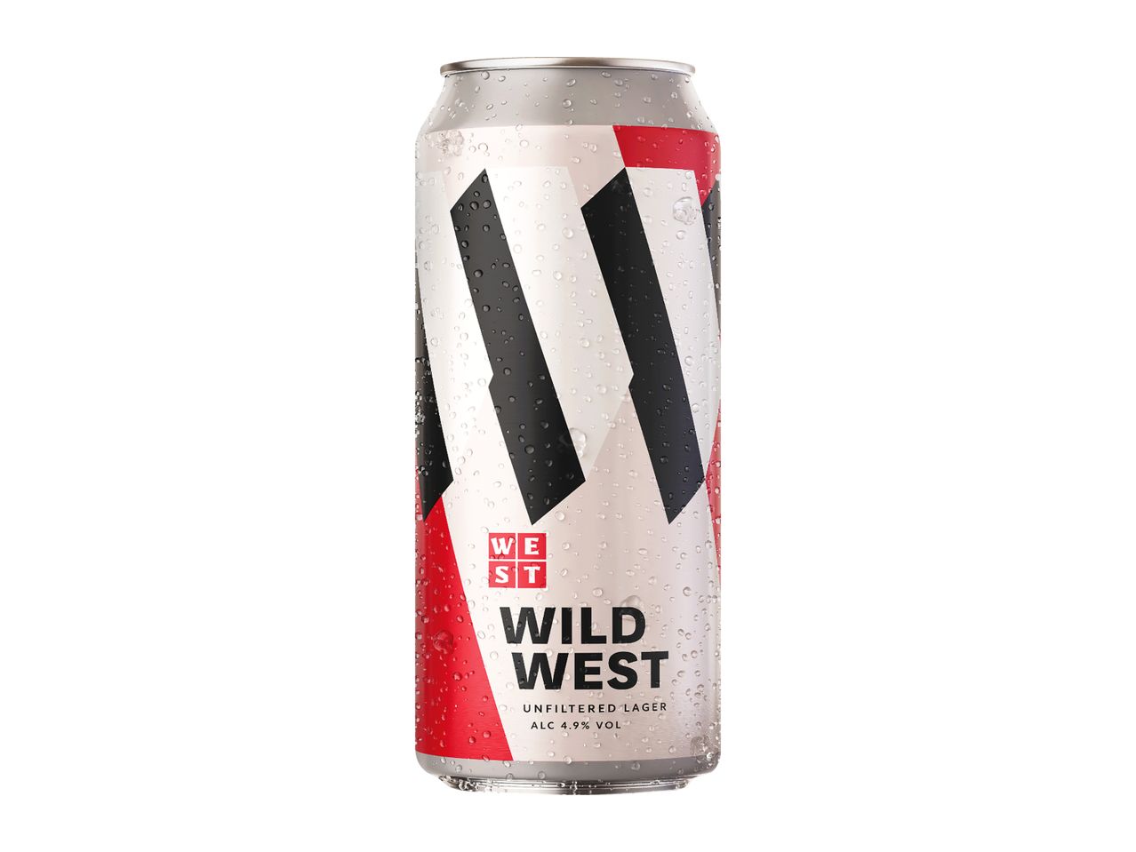 Silver beverage can with red, black, and white geometric design, covered in condensation.