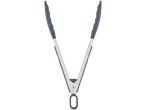 A pair of gray silicone-tipped kitchen tongs with a stainless steel body.