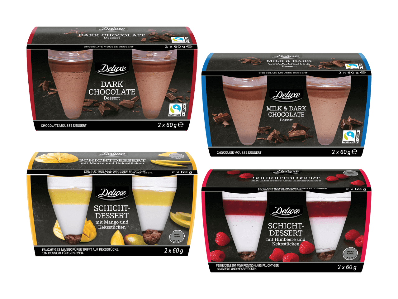 Vier Dessert-Variationen: dunkle Schokolade, Milch- und dunkle Schokolade, Mango und Himbeere.