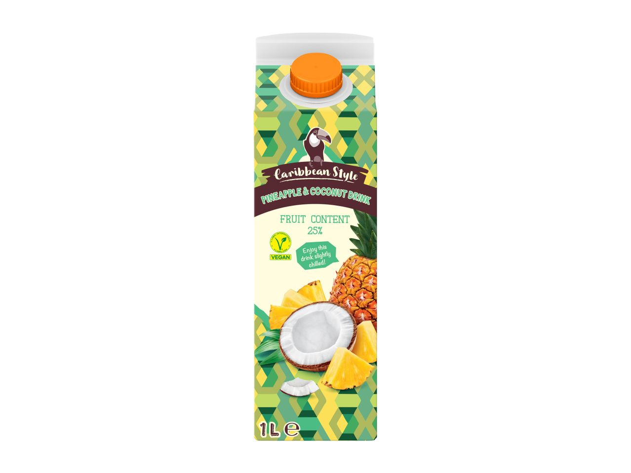 Tropical Delight juice carton featuring pineapple, coconut, and orange.