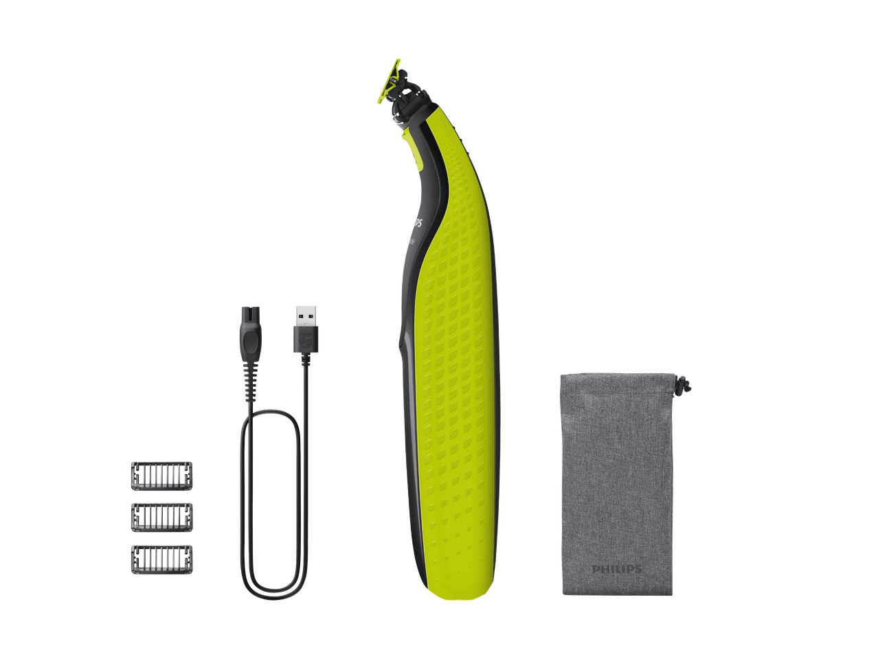Philips OneBlade Elektrorasierer mit Zubehör, darunter Kammaufsätze, USB-Ladekabel und Aufbewahrungsbeutel.