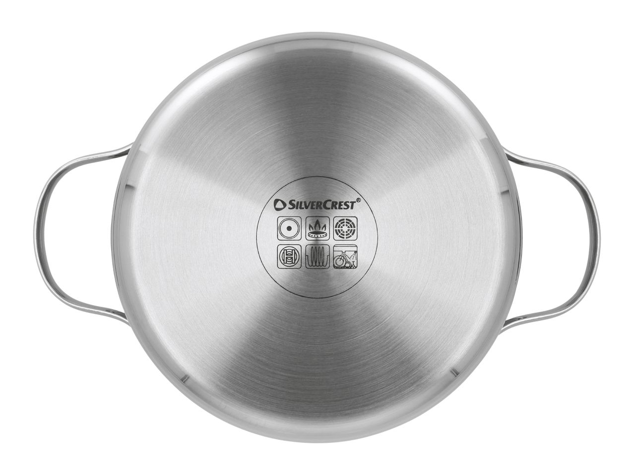Bottom of a stainless steel pot with various cooking hob compatibility symbols.