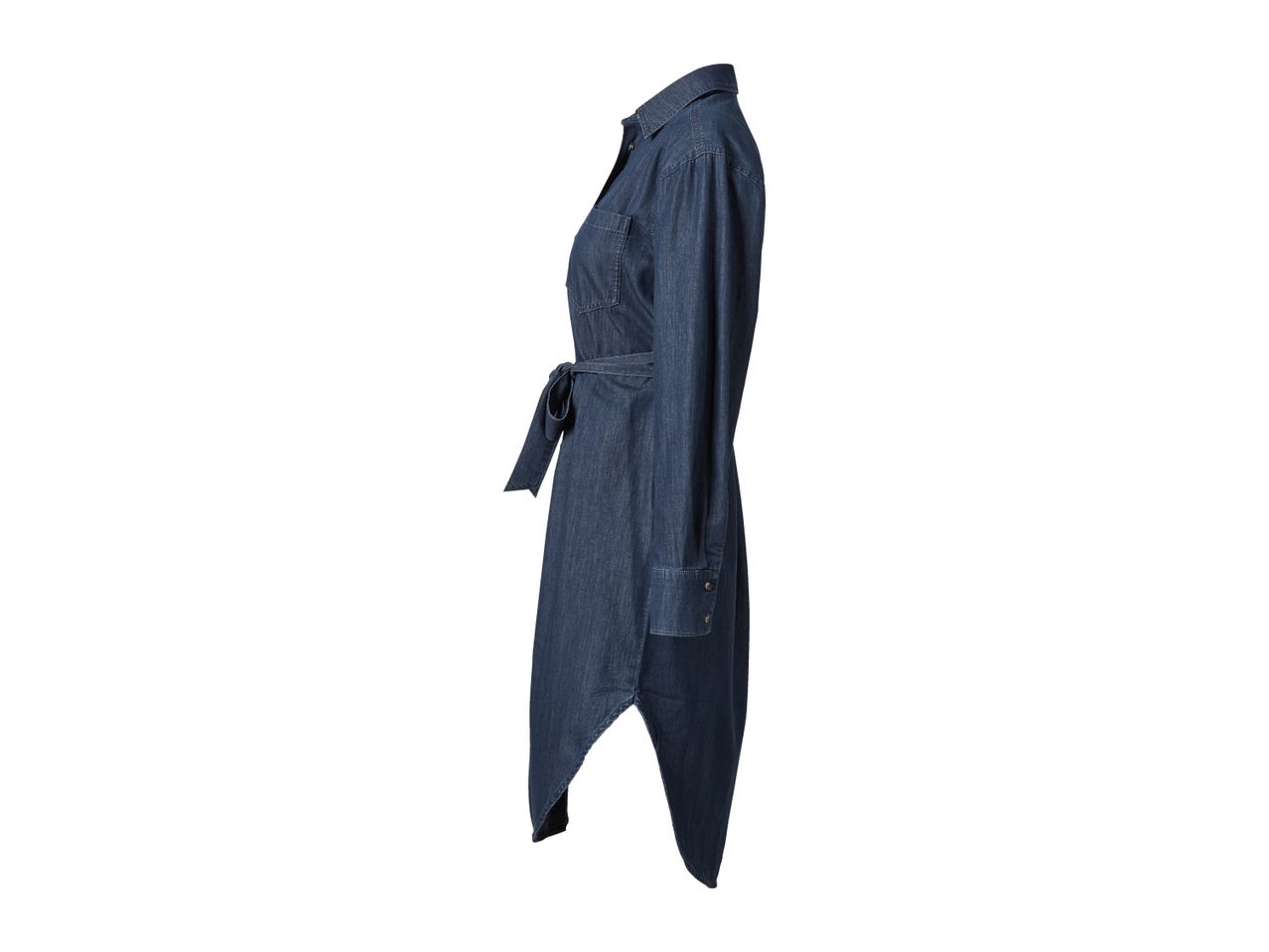 Denim shirt dress with a tie waist and long sleeves, viewed from the side.